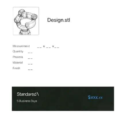 Request for quote interface showing design analysis and pricing