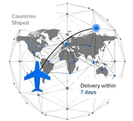 Global delivery network map showing worldwide shipping coverage