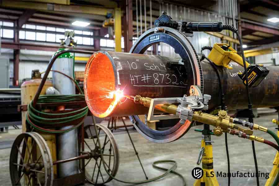 A worker uses a handheld tool to bevel a steel pipe end for subsequent welding in industrial fabrication.