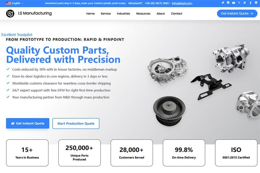 This image shows the LS Manufacturing homepage highlighting custom CNC machining and precision metal stamping services.