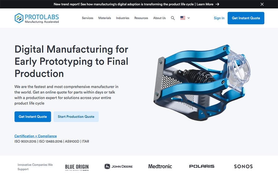 This image shows the Protolabs homepage advertising digital manufacturing for early prototyping to final production.