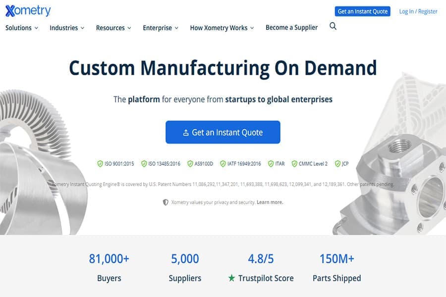 This image shows the Xometry homepage featuring custom manufacturing on demand for startups and enterprises.