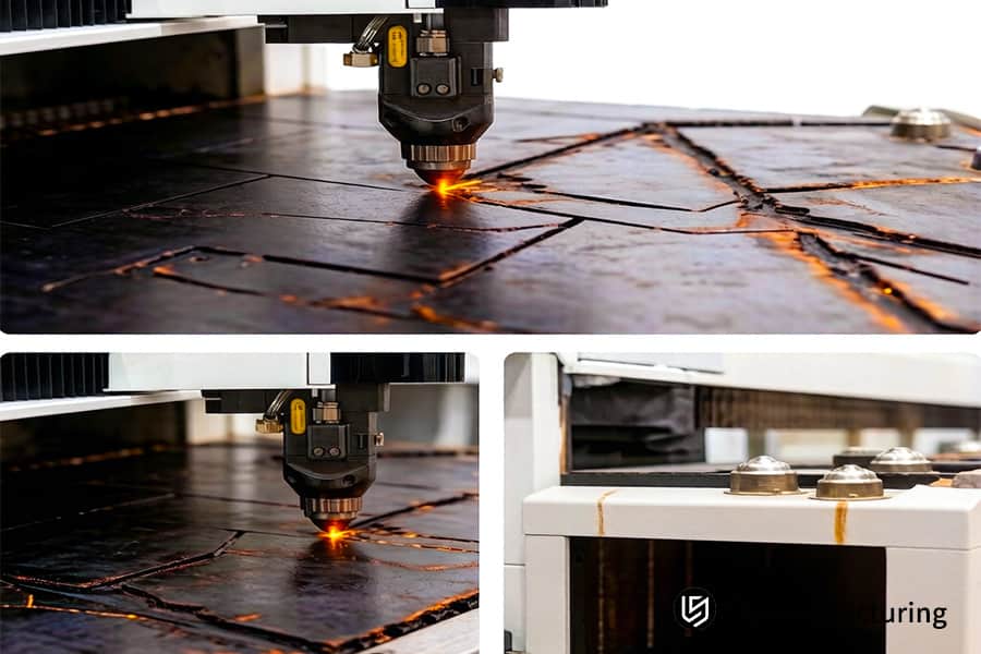 Ein Laserschneidsystem formt rechteckige Metallplatten aus Edelstahl 316L für Gehäuse von Industriemaschinen.